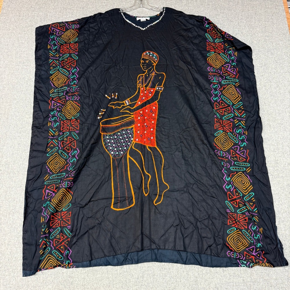 African Essence Kaftan Dress One Size Black Rayon Sequin Drummer Graphic Print